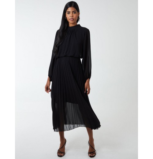 High Neck Pleated Midi Dress