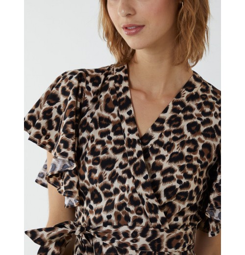 Leopard Print Wrap Ruffle Midi Dress