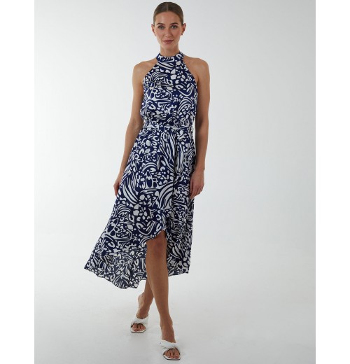 Abstract Print Halter Neck Midi Wrap Dress