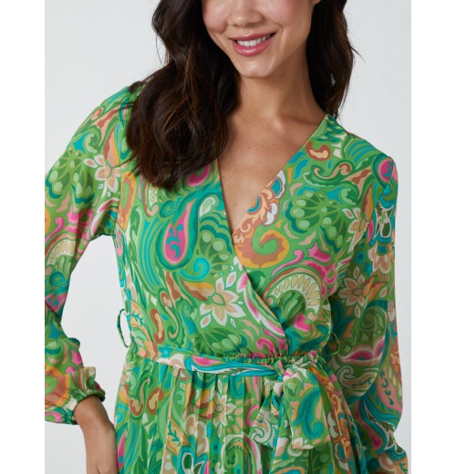 Paisley Wrap Pleated Dress