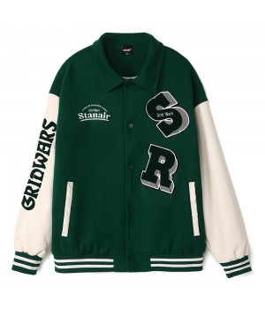 Contemporary baseball jacket with mixed materials