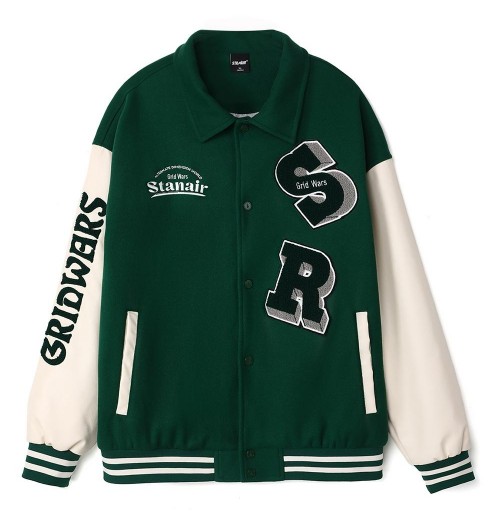 Contemporary baseball jacket with mixed materials